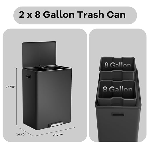 GarveeHome Step Dual Trash Can, 60 L/16 gal Recycle Bins with Lid, 2 Removable Wastebusket, Step Pedal, Large Stainless Steel Double Trash Bin for Kitchen, Bathroom