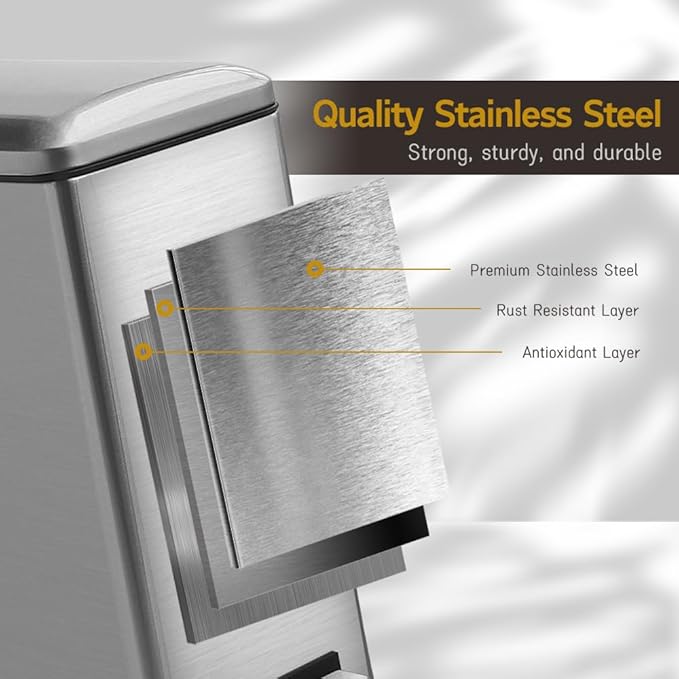 Silver 10L/2.6 Gallon Bathroom Trash Can with Lid,features a removable inner bucket, a soft - close lid and a stainless - steel step pedal,ideal for use in the bathroom, kitchen, and home office.