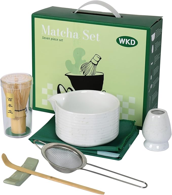 7pc Japanese Tea Set Includes Ceramic Bowl, White Matcha Whisk Set with Green Dot, Matcha Whisk and Holder, Stainless Sifter & Bamboo Scoop, Towel, Matcha Starter Kit for matcha Lovers