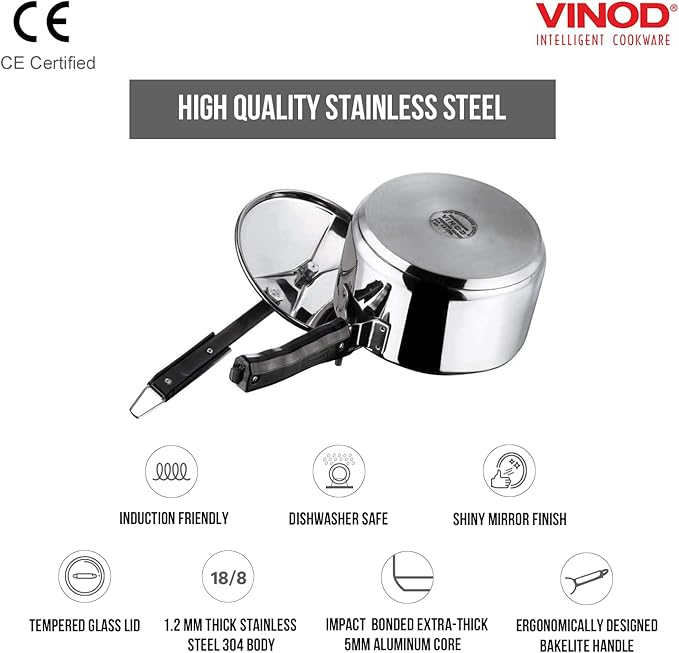 Vinod Pressure Cooker Stainless Steel – Inner Lid - 5.5 Liter – Sandwich Bottom – Indian Pressure Cooker – Induction Friendly Cooker – Best Used For Indian Cooking, Soups, and Rice Recipes, Quinoa