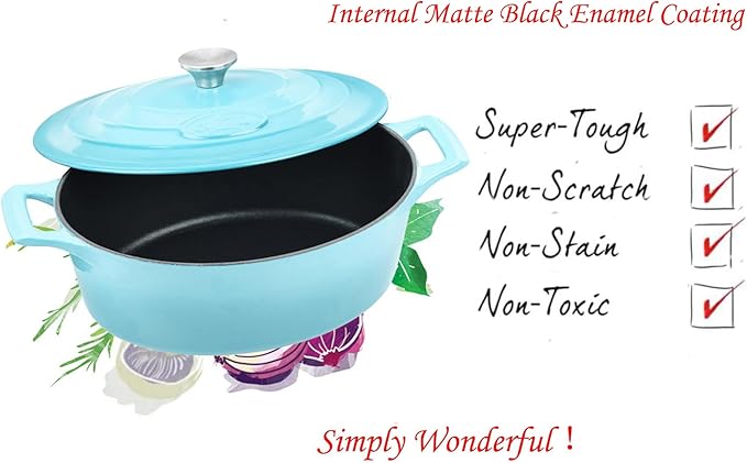 La Cuisine Enameled Cast Iron Oval Dutch Oven Casserole Pot with Lid, 6.75 QT Internal Matte Black Enamel for bread baking, 2-ton Teal Enamel Coating Finish Exterior, Oven Safe up to 500° F