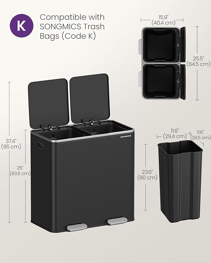 SONGMICS Trash Can, 2 x 10.6 Gallon (2 x 40 L) Garbage Can for Kitchen, with 15 Trash Bags, 2 Compartments, Plastic Inner Buckets and Hinged Lids, Airtight, Black ULTB730B80