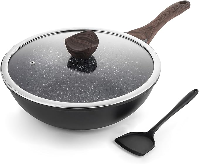Nonstick Wok with Lid, 12 Inch Woks & Stir-fry Pans, Granite Stone Coating for Cooking, Induction Cookware, Compatible with All Stovetops, PFOA Free