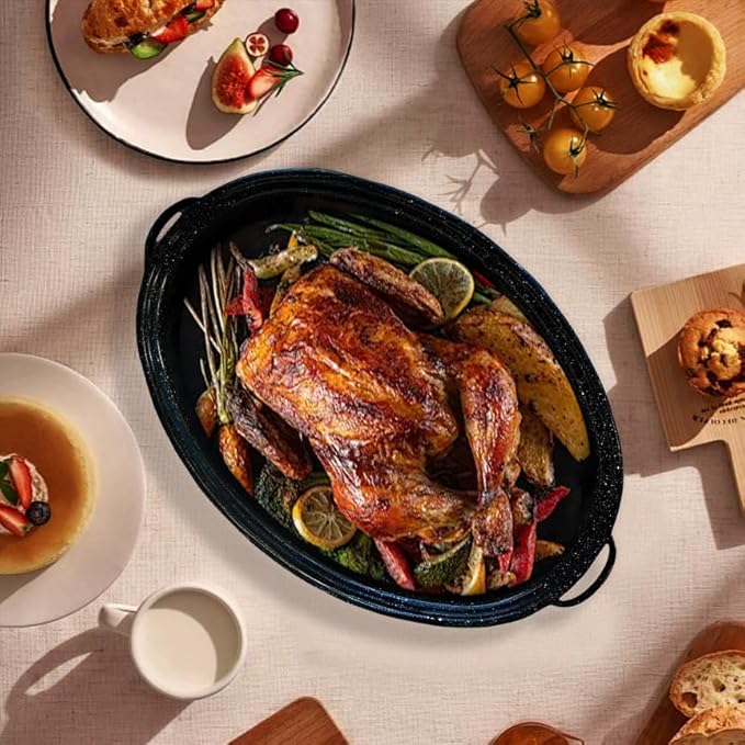 19” Turkey Roasting Pan Enamel Oval Granite Large Roaster Pan with lid with 17in Inner Diameter Large Capacity Suitable for Thanksgiving Day Enamel Cook Ware Dishwasher Compatibility Oven