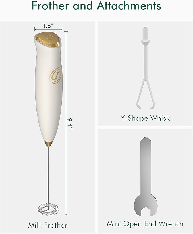 Milk Frother Wand Coffee Frother Handheld Drink Mixer Handheld with 2 Whisks Electric Whisk Stirrers Electric Milk Frother for Coffee Mixer Wand Milk Foamer-White/Gold