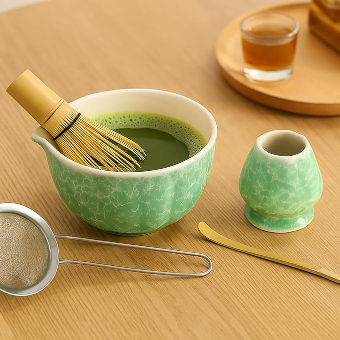 Matcha Whisk Set, 2025 New Ceramic Matcha Set Includes Matcha Bowl, Bamboo Scoop,Sifter, Whisk and Holder- 5 Pcs Kit for Matcha Lovers (Emerald Green)
