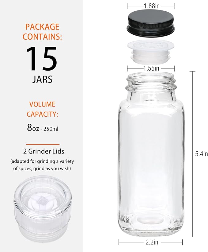 8oz Glass Spice Jars with Grinder Lids, Square Spice Bottles with Deeper Shaker Lids and Airtight Metal Caps, Seasoning Containers for Spice Organization, Fits Cabinet, Drawer, Spice Rack, 15 pack