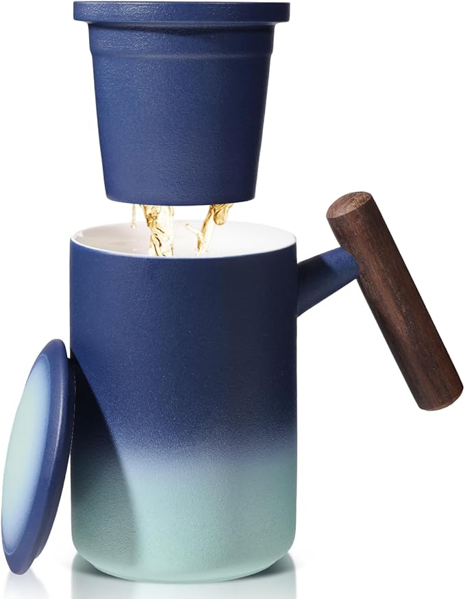 15 OZ Porcelain Tea Infuser Cup with Lid,Ceramic Tea Mug with Porcelain Strainer for Loose Leaf,Tea Strainers Cup with Wood Handle,BPA-Free,Gifts for Tea's Lover(Gradient Blue)