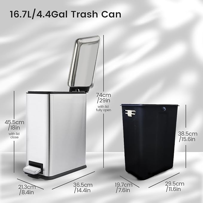 Silver 16.7L/4.4 Gallon Bathroom Trash Can with Lid. Features a removable inner bucket, a soft - close lid, and a stainless - steel step pedal. Ideal for use in the bathroom, kitchen, and home office.