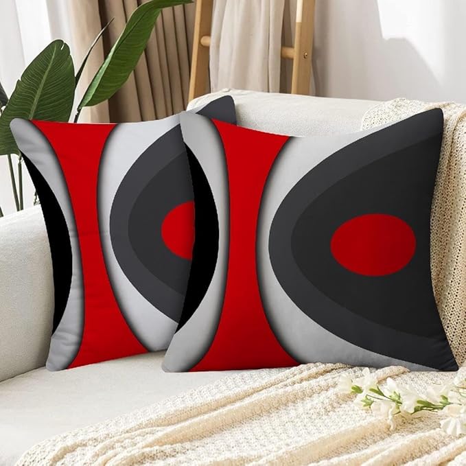 Modern Art Geometric Pillow Cover, Decorative Throw Pillow Covers Black Red Abstract Artwork Cushion Cover for Bedroom Sofa Living Room 16 x 16 Inch Set of 2