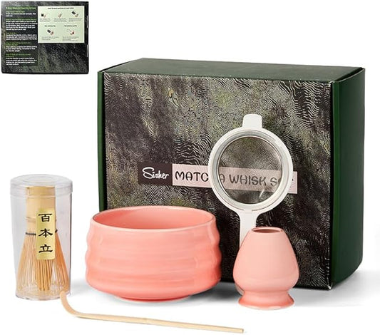 Sisher Matcha Whisk Set Pink,Matcha Set With Bowl Ceramic Pink Matcha Bowl,Matcha Whisk and Holder, Bamboo Scoop, Scoop Rest and Sifter Japanese Matcha Kit for Matcha Lovers 5pcs