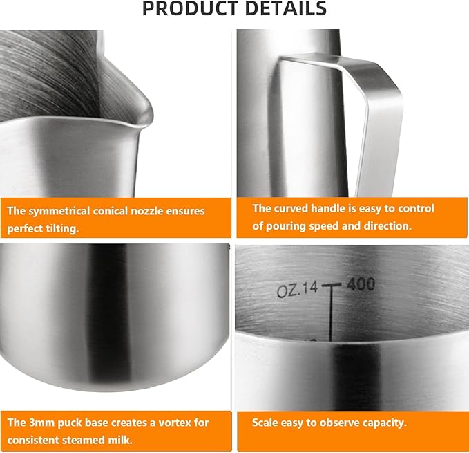 Stainless Steel Milk Frothing Pitcher 14oz, Espresso Milk Frother Cup 400ml Milk Steaming Pitcher with Measurement Scale, Latte Art Pitcher, steamer cup