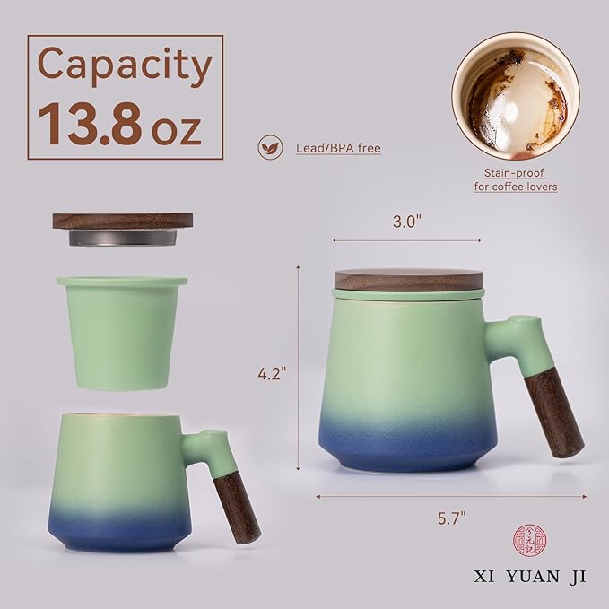 Tea Cup with Infuser and Lid 14oz - Kiln-Fired Ceramic Mug with Turquoise-Blue Gradient, Wood Lid & Handle Loose Leaf Tea Set, Anniversary Birthday Gift