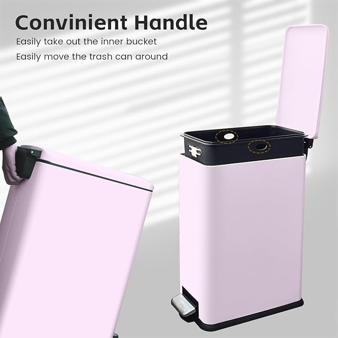 30L/Slim 8 Gallon Stainless Steel Trash Can with Soft-Close Lid & Removable Inner Bucket, Fingerprint-Proof, Odor-Controlled Kitchen Bathroom & Office Waste Bin, Pink