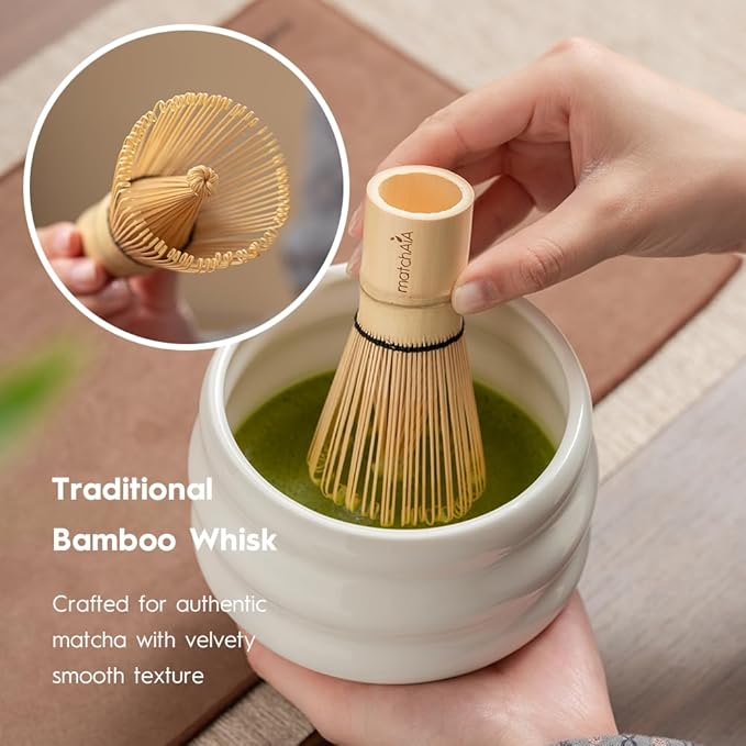 Matcha Whisk Set - Ceramic Bowl, Bamboo Whisk with Holder, Storage Canister, Sifter, Schima Spoon with Rest, Tea Towel - 8 Pcs Complete Kit for Traditional Matcha and Modern Lattes (White)