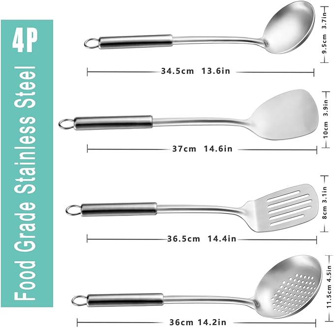 Pleafind 4-Pcs Cooking Utensils Set, Stainless Steel Kitchen Utensils, Wok Utensils Set Include Wok Ladle, Slotted Spoon, Wok Spatula and Slotted Spatula, Dishwasher Safe