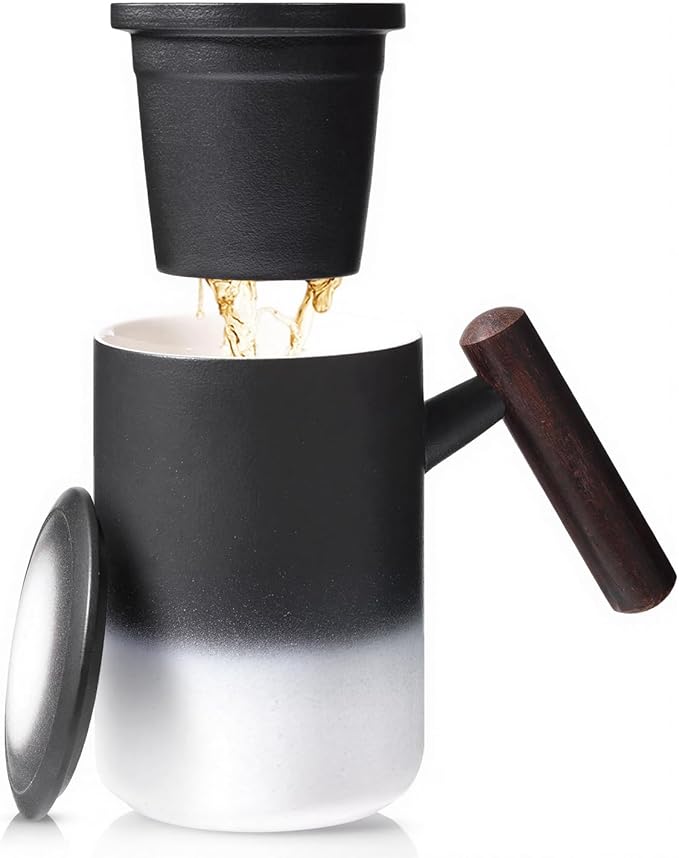 15 OZ Porcelain Tea Infuser Cup with Lid,Ceramic Tea Mug with Porcelain Strainer for Loose Leaf,Tea Strainers Cup with Wood Handle,BPA-Free,Gifts for Tea's Lover (Gradient Black)
