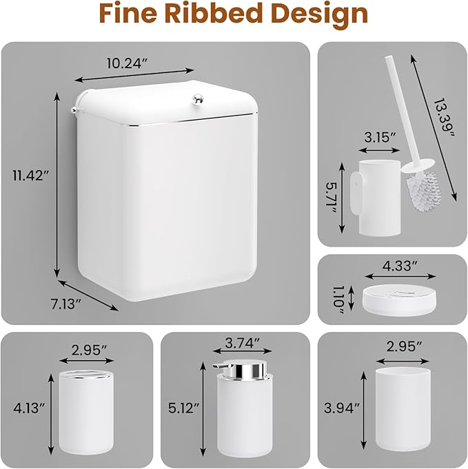 7-Piece White Bathroom Set with Suction Wall Trash Can - Space Saving Organizer Kit with Toilet Brush Holder, Liquid & Foam Soap Dispenser, Toothbrush Holder & Soap Dish for Bathroom Kitchen
