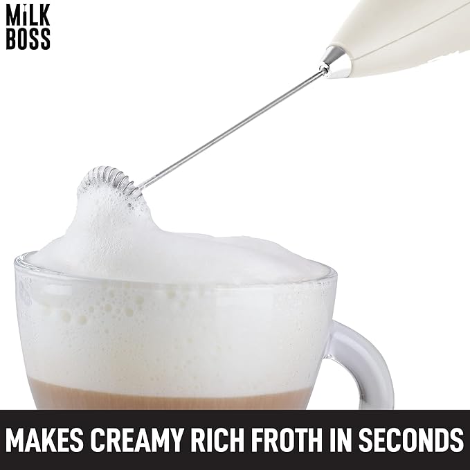 Milk Boss Milk Frother for Coffee - Comfort Grip Matcha Whisk - Electric Matcha Mixer and Mixer Electric Handheld - Coffee Frother Handheld - Electric Drink Mixer With Batteries Included (White)