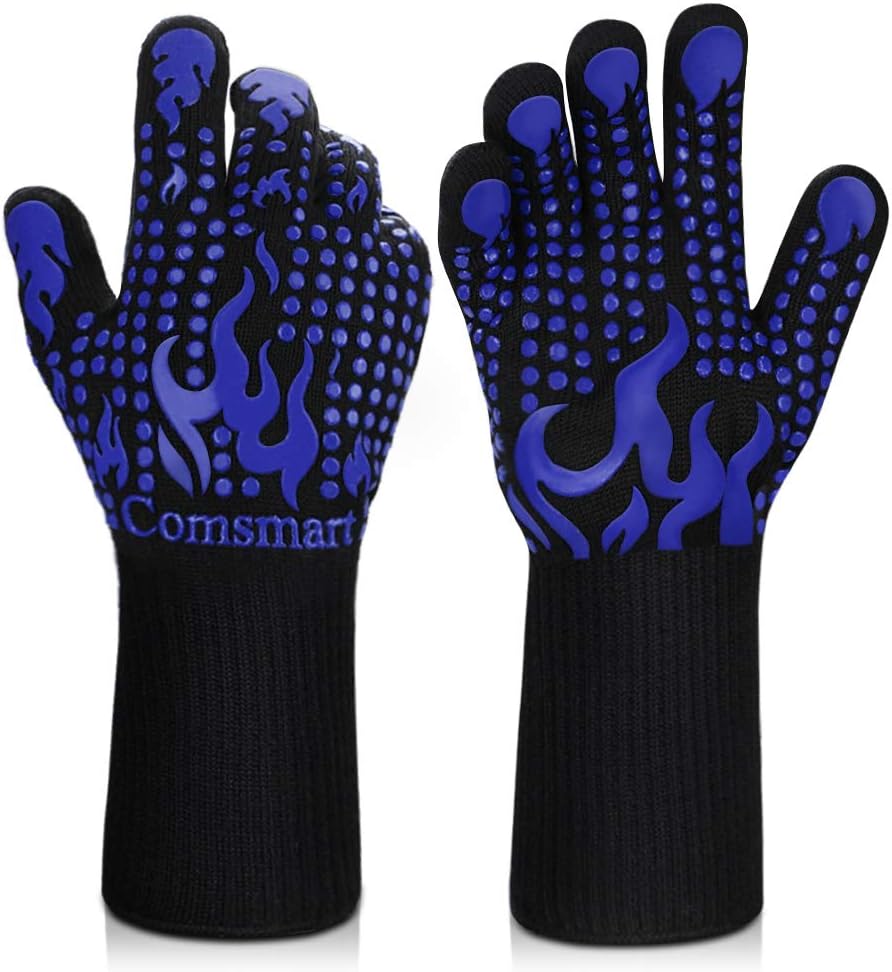 Comsmart BBQ Gloves, 1472F Heat Resistant Silicone Non-Slip Oven Mitts, Long Kitchen Gloves Perfect for Grilling, Cooking, Baking, Cutting, Blue