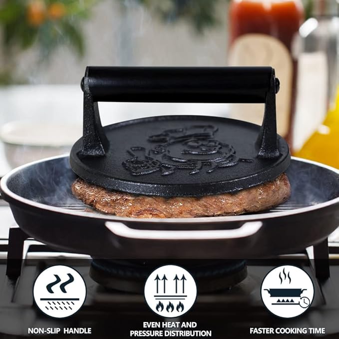 Burger Press-Heavy Duty Smash Burger Press with Heat Insulation Handle-7 Inch Cast Iron Burger Smasher,Bacon Press,Sandwich Press-Round Hamburger Press for Griddle-50 PC Patty Paper for Burger make
