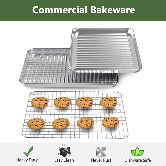 ROTTAY Quarter Baking Sheet Pan with Wire Rack Set [2 Pans + 2 Racks], Stainless Steel Cookie Sheet for Oven, Warp Resistant & Heavy Duty & Rust Free, Size 12 x 10 x 1 Inches