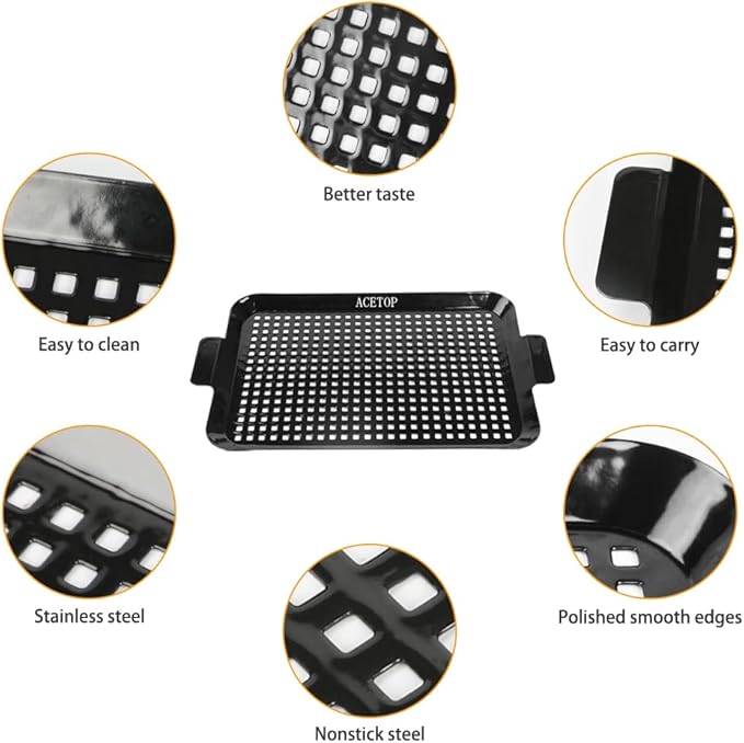2PCS Grill Topper Pans BBQ ACETOP Nonstick Barbecue Grilling Baskets Outdoor Stainless Steel BBQ Grill Tray with Perforated Bottom for Indoor Camping Chicken Drumsticks Vegetable Shrimp Meat