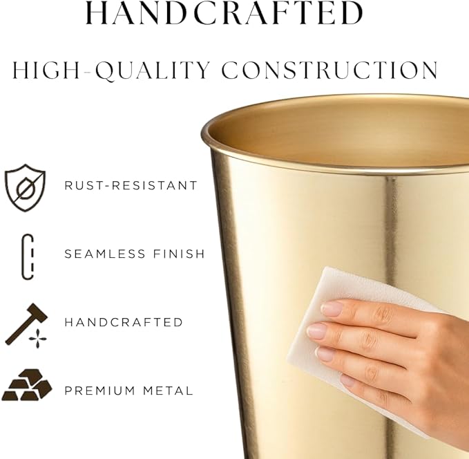 Monarch Abode Brushed Gold Handcrafted Metal Wastebasket for Home Office Bedroom, Decorative Waste Basket, Modern Bathroom Garbage Can, Durable & Decorative Trash Bin, Brushed Gold Bathroom Trash Can