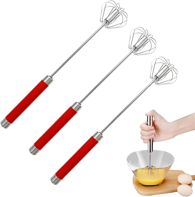 Stainless Steel Semi Automatic Whisk - 12 Inch Easy Whisk Rotating Hand Egg Beater for Milk Frother, Dough, Cream, Matcha, Hand Push Kitchen Mixer for Blending, Whisking, Beating & Stirring (Red*3)
