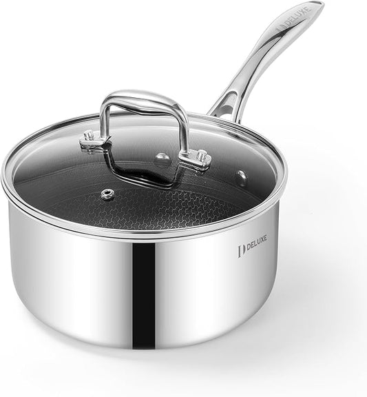 DELUXE Hybrid Ceramic Nonstick 3-Quart Saucepan with Tempered Glass Lid, Stainless Steel Pot with Stay-Cool Handle, Dishwasher Oven Safe, Induction Ready, PFOA Free Compatible with All Cooktops