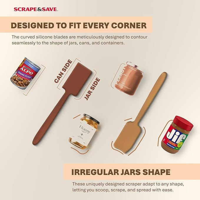 TWO Food Saving, Fast Kitchen Scrapers that Get ALL Food Out of Cans and Jars, esp. corners and bottoms. For peanut butter, mayonnaise, tomato paste, purées, etc. Dishwasher-safe. (Sand/Coral)