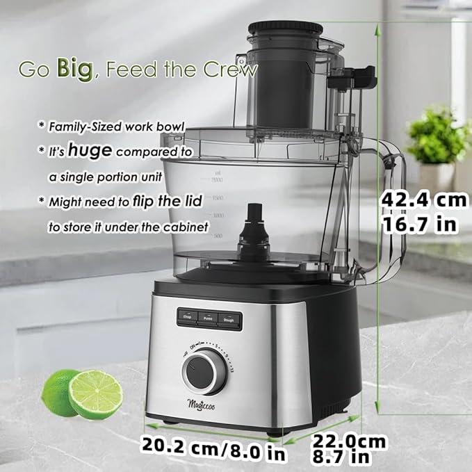 14-Cup Lemon Slicer Food-Processor - Large Feed Chute, 13 Speeds & Pulse, 3 Programs，Cheese Shredding, Cutting Fries, Meat Chopping, Shredding and Slicing, Mixing and Doughing, for Home Use