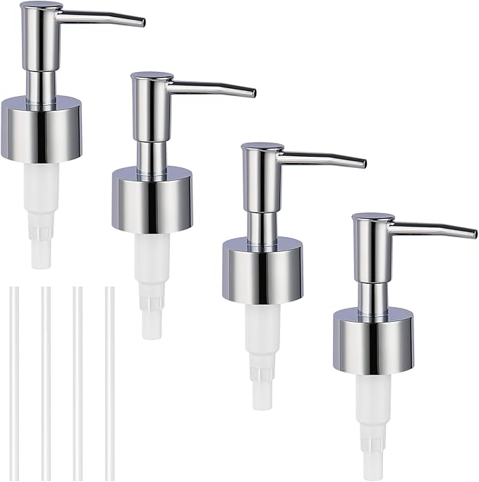 Soap Pump Replacement, Hand Soap Dispensers Pump for Bathroom, Replacement for Round 1.1in (28 mm) Neck Bottles,Rust Proof&Leak Proof for Soap Lotion Bottle Upcycling (Silver, 4 Pack)