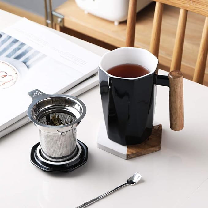 Sweejar Ceramic Tea Infuser Cup with Lid, Wooden Handle Teacup with Strainers for Loose Leaf Tea, 17 oz Geometric Shape Coffee Mug, Steeping Mug with Infuser, Women Christmas Gift (Black)