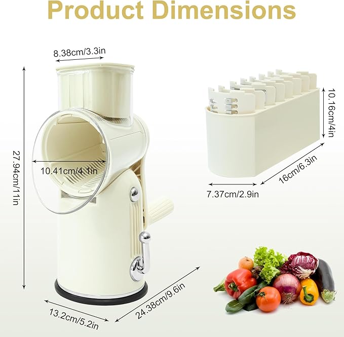 Rotary Hand Crank Cheese Grater, 5-in-1 Replaceable Stainless Blades Vegetable Shredder with Handle and Strong Suction Base, Easy-Clean Multipurpose Kitchen Slicer with Blade Storage Box(White)