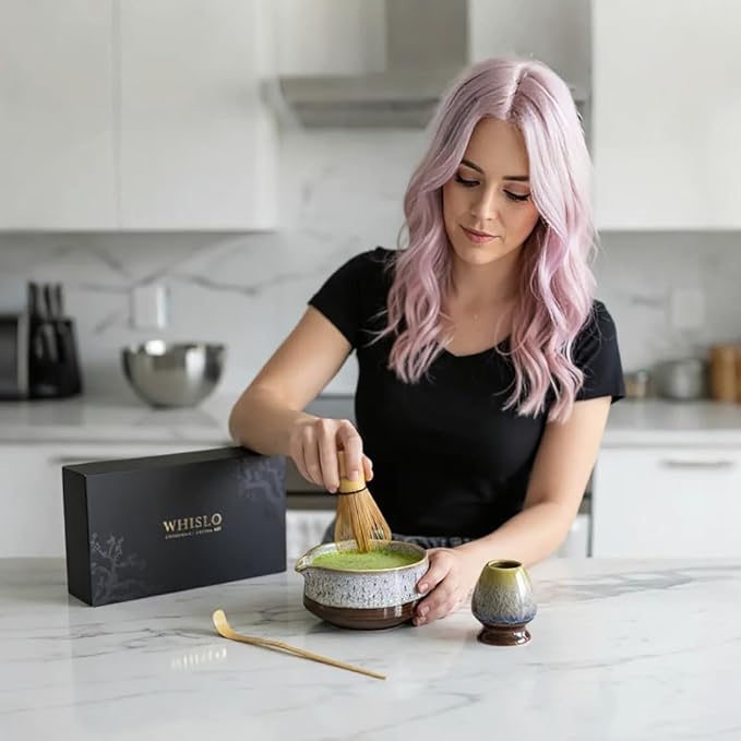 4 Pcs Matcha Whisk Set, Matcha Kit with Bamboo Whisk, Ceramic Spouted Matcha Bowl - Traditional Japanese Tea Set