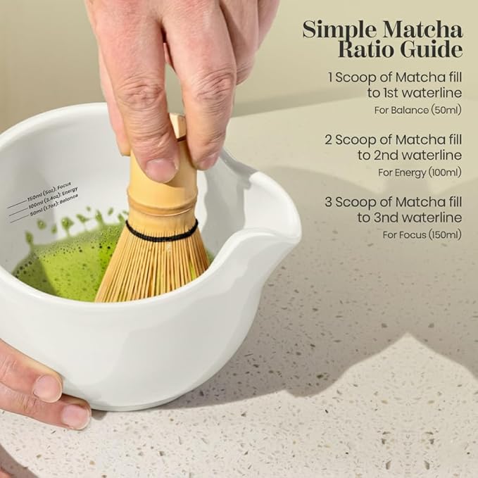 NEXTLUXE Matcha Whisk Set – Traditional Bamboo Chasen with Ceramic Bowl, Measurement Lines, Spoon & Lid – White