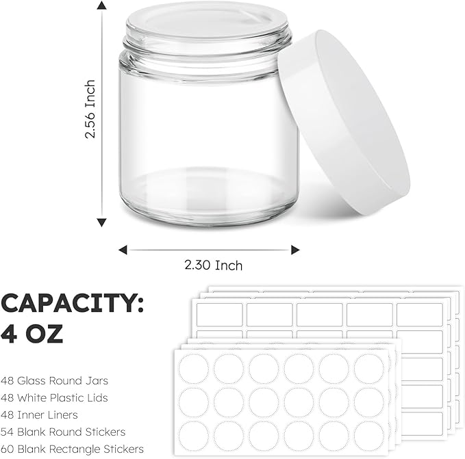 Tecohouse 4 oz Glass Jars with Lids, 48 Pack Clear Cream Canning Mason Jars with Lids, White Labels & Inner Liners, Empty Airtight Round Clear Slime Containers for Spice, Lotion, Ointments
