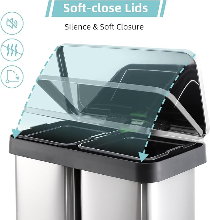 Garvee 19 gal Dual Compartment Trash Can, Stainless Steel Kitchen Garbage Can, 2 x 36 L Two Compartment Trash Bin with Soft-Close Lid and Foot Pedal for Kitchen Home Office