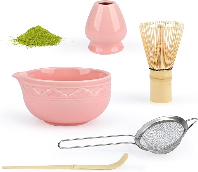 5Pcs Ceramic Matcha Set, Matcha Whisk Set, Tea Set Includes Matcha Bowl, Matcha Whisk and Holder, Sifter, Bamboo Tascoop (Pink)