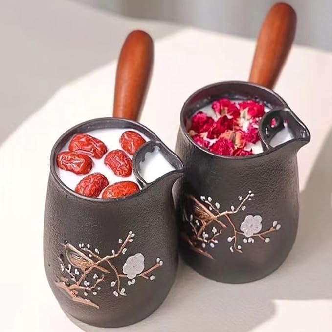 Handcrafted Cast Iron Teapot for Open Flame Brewing - Side Handle Tea Kettle for Milk Tea, Boiling, and Steeping - Traditional Tea Set (Plum Flower)