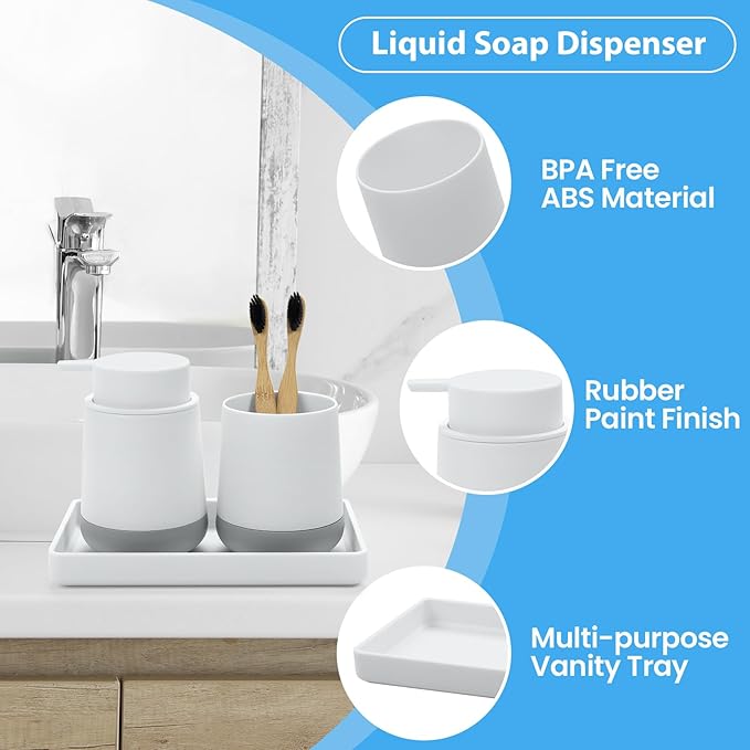 White Bathroom Countertop Accessories Set - Soap Dispenser and Toothbrush Holder with Silicone Boot,Vanity Tray (White Liquid)