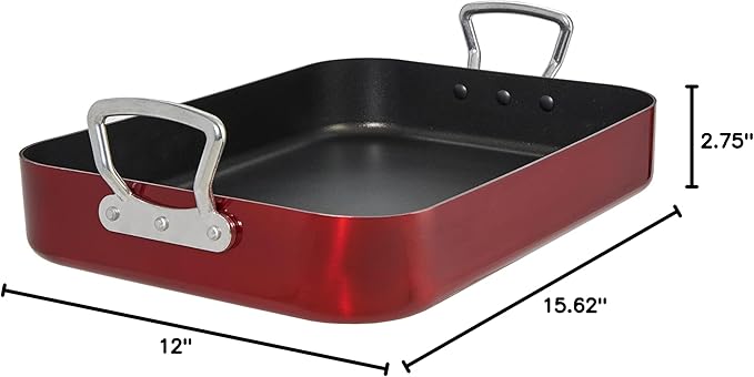 Servappetit 20 lb. Roasting Pan with Rack, Non-Stick, Hard-anodized with teflon-coating, 15 5/8 in x 12 in x 2 6/8-in, Red
