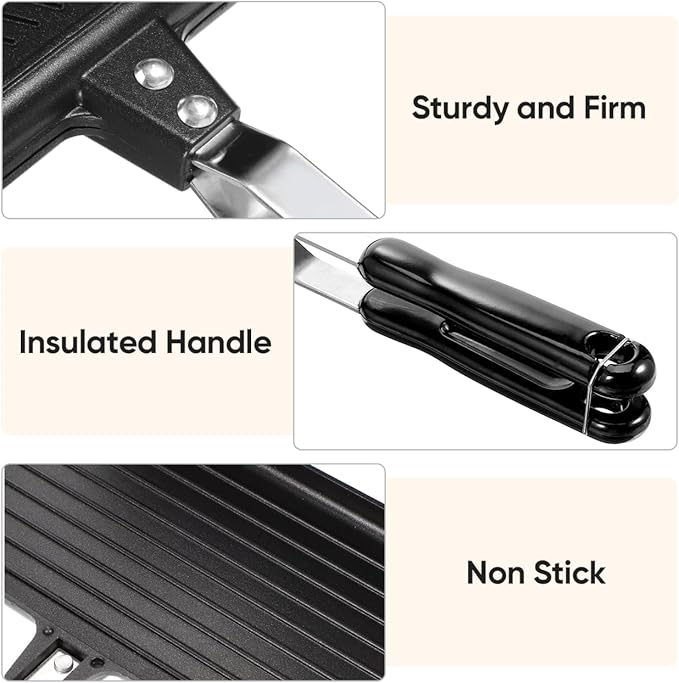 Double- Sided Frying Pan Non- Stick Grill Pan Waffle Maker Sandwich Baking Mold for Cake Toast Snack Breakfast, Aluminum Sandwich Maker