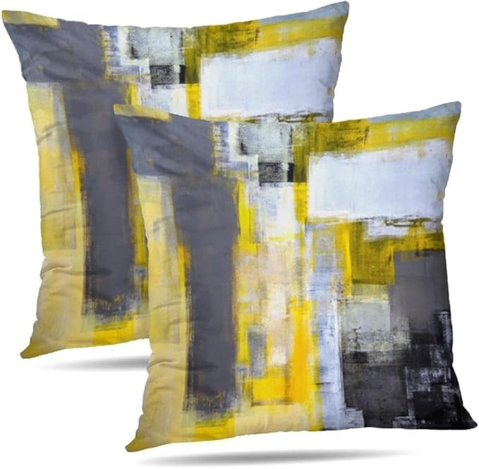 Yellow and Grey Abstract Art Artwork Pillow Cover, Gallery Modern Decorative Throw Pillows Cushion Cover for Bedroom Sofa Living Room 22 x 22 Inch Set of 2