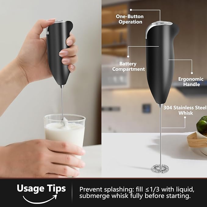 Powerful Milk Frother Handheld Battery Operated, Electric Whisk Foam Maker, Ultra Fast Handheld Drink Mixer, Mini Frother Wand with Stainless Steel Whisk for Coffee, Cappuccinos, Matcha, No Stand