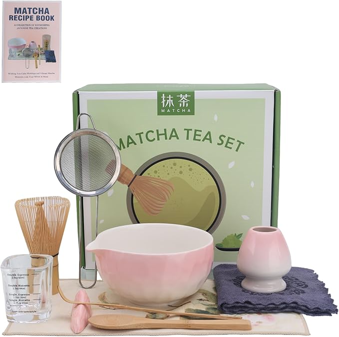 Matcha Whisk Set Pink – 10 Pcs Matcha Set Whisk and Bowl – Ceremonial Matcha Kit, Matcha Starter Kit & Accessories – Japanese Matcha Set Gift for Tea Ceremony and Matcha Lovers