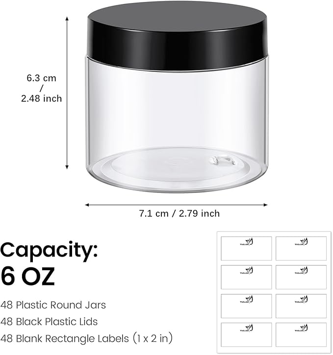 TUZAZO 48 Pack 6 Oz Plastic Container Jars with Lids and Labels BPA Free, Empty Round Clear Cosmetic Containers Plastic Slime Jars for Lotion, Cream, Ointments, Body Butter, Travel Storage (48)