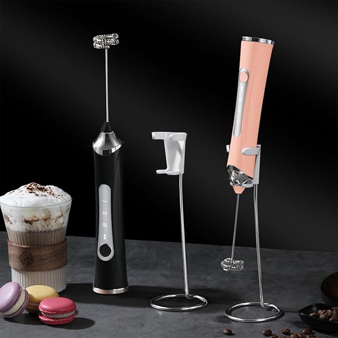 Rechargeable Milk Frother Handheld For Coffee,3 Speeds Frother Wand With Stand, Batidora De Mano Electrica, With 2 Heads,Drink Mixer Electric Handheld,Kitchen Essentials (Pink)
