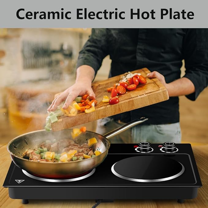 Double Burner, CUSIMAX Hot Plates for Cooking, 1800 Watts Electric Ceramic Infrared Cooktop, Portable Countertop Burner, Glass Plate, Heat-Up in Seconds, Stainless Steel Upgraded Version